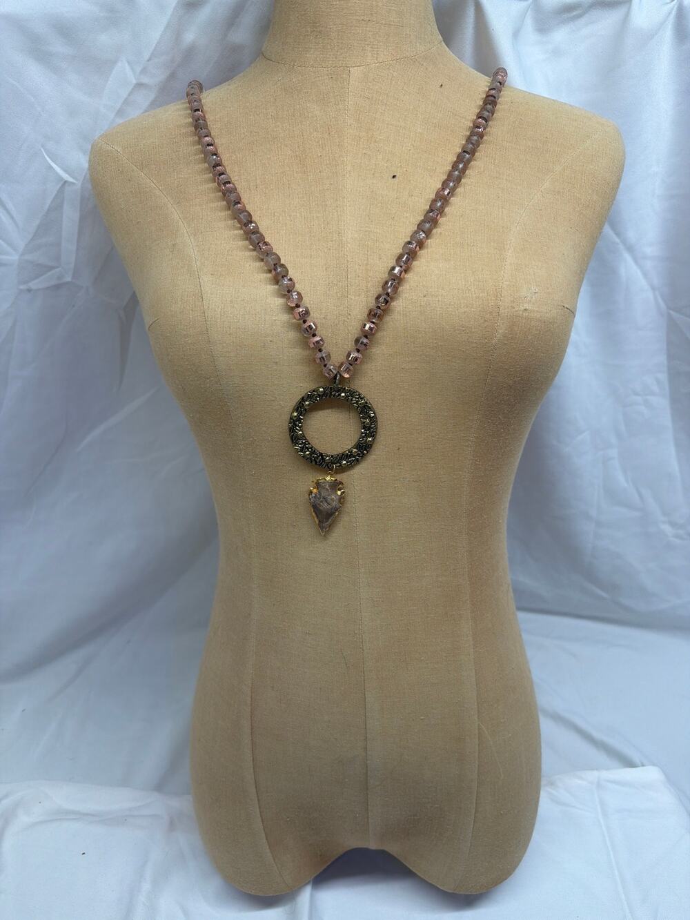 Vintage Boho Statement Arrowhead Pendant Necklace - Crystal Ring Accent